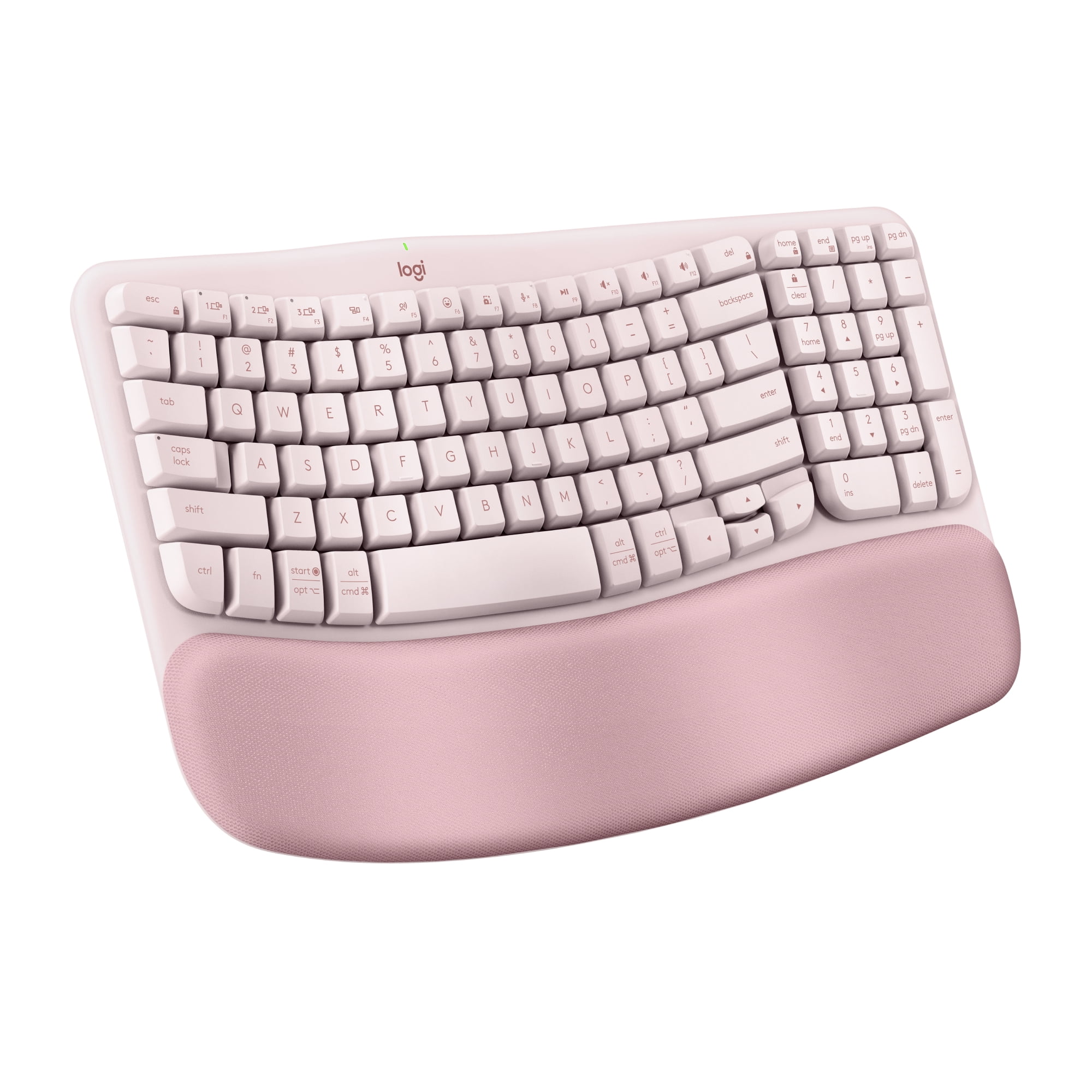 Logitech Wave Keys Wireless Ergonomic Keyboard with Cushioned Palm Rest, Comfortable Natural Typing, Easy-Switch, Bluetooth, Logi Bolt Receiver, Rose