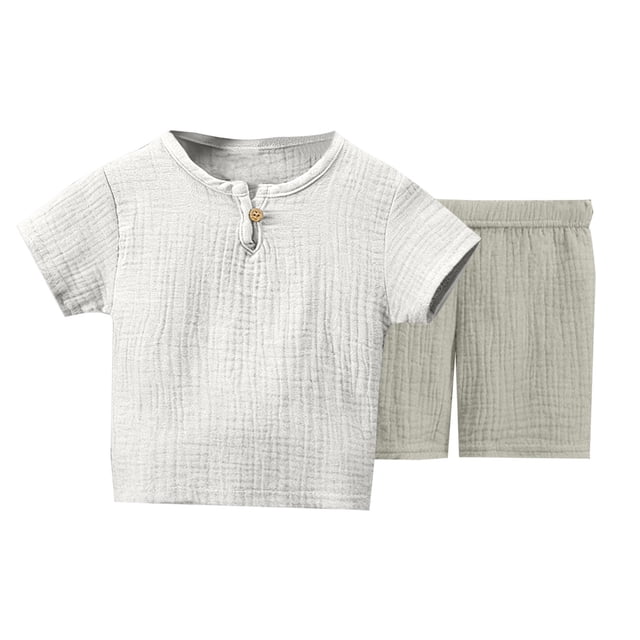 LIJCC Ensemble Décontracté d'Été pour Bébé Fille en Coton et Lin à Manches Courtes Col Rond T-Shirt et Shorts 2 Pcs (Gris, 3-4 Ans)