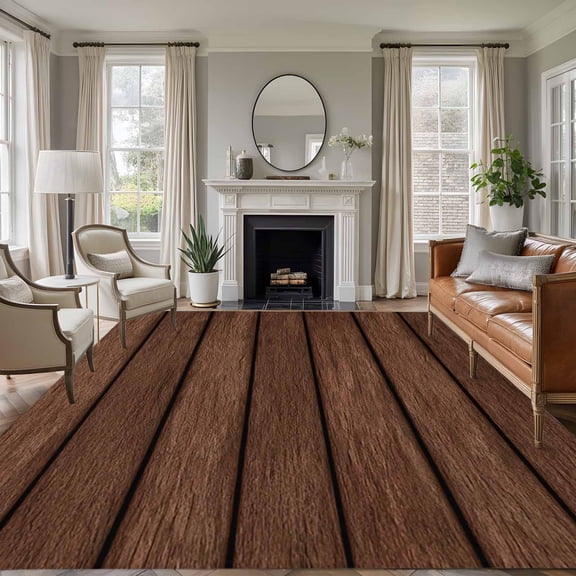 Rectangle Area Rugs 5 x 8 Ft, Dark Brown Wooden Non-Slip Residential Carpet, Vintage Western Country Wooden Board Indoor Crawling Mats Runner Rugs for Living Room/Dining Room/Bedroom