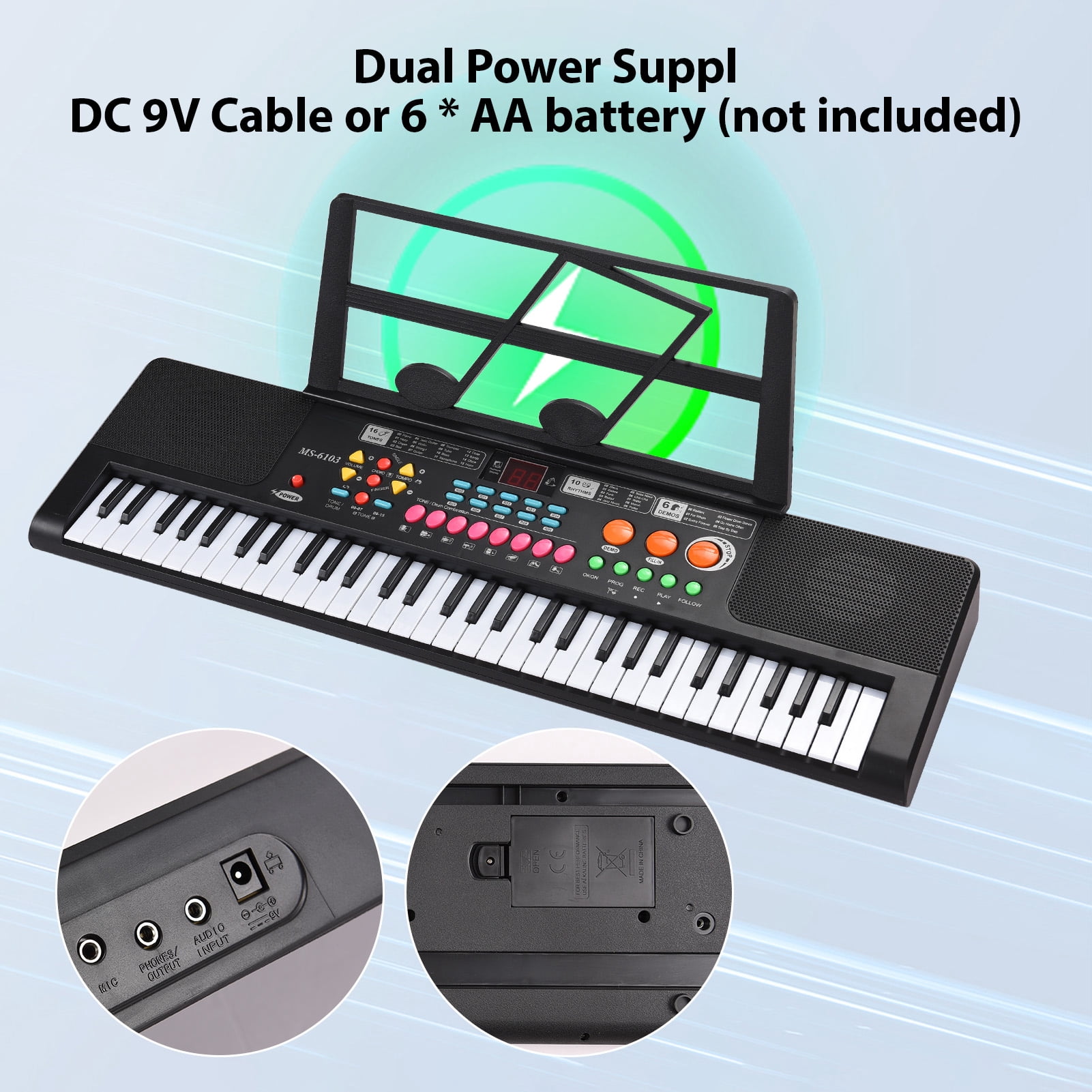 electric piano Piano 61 Key Electronic Keyboard Piano Dual Speaker 16 Tones 10 Rhythms 6 Demo Musical Instrument with Microphone and Music Score Stand Portable Music Piano Keyboard for Beginners