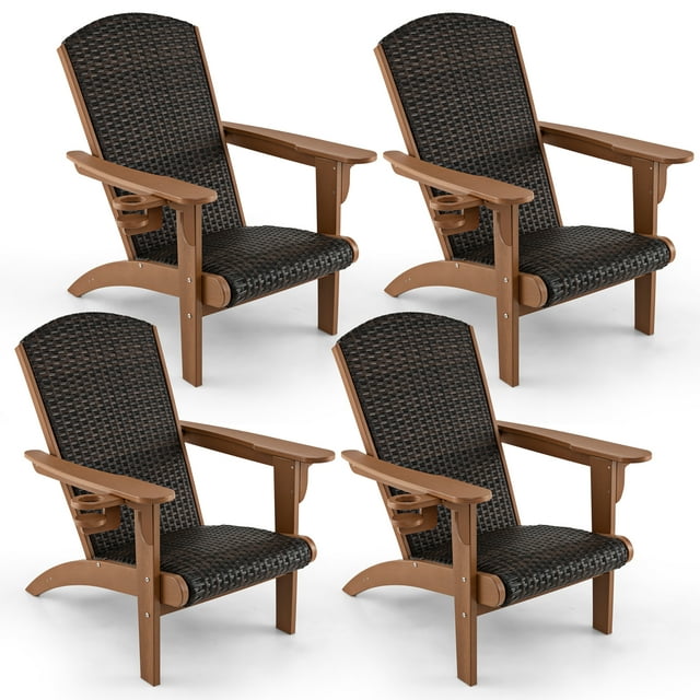 Gymax Set of 4 Adirondack Chair w/ Rattan Padded Seat & Back Wide Hidden Cupholder Patio Brown