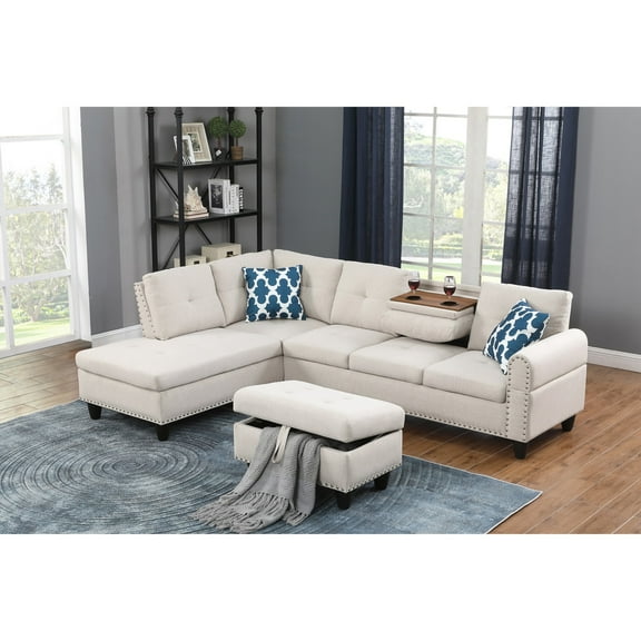 Hommoo L-Shaped Upholstered Sectional Sofa Couch with Storage & Cup Holders, Linen Living Room Sofa Set, With Ottoman, Beige