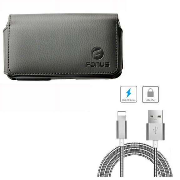 Case Belt Clip w Metal USB Cable for iPhone 8/7/6S/6 - Leather Swivel Holster Loops Cover, 6ft Charger Cord Power Wire Long for iPhone 8/7/6S/6 Models