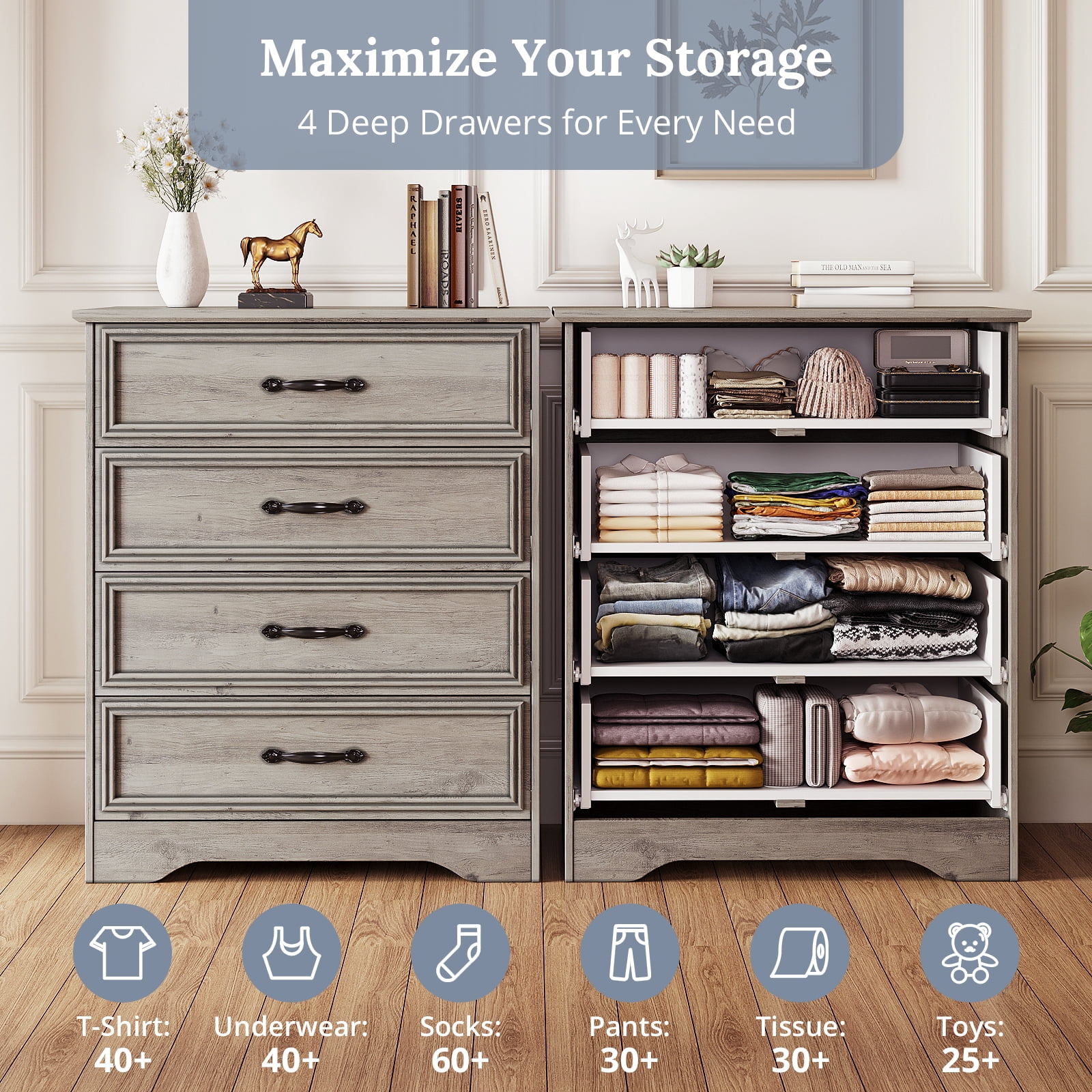 Holliwill 4 Drawer Dressers for Bedroom, Modern Wood Chest of Drawers Storage Cabinet for Living Room, Hallway, Gray
