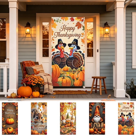 Thanksgiving Banner Door Cover, 35.43x70.87in Fall Harvest Front Door Cover for Indoor Outdoor Party Decorations and Photo Booth Props, E