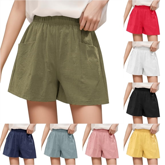 Trendfront Womens Solid Color Casual Shorts High Waisted Elastic Waist Pull On Side Pockets Loose Fit Summer Bottoms