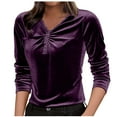 thumbnail image 3 of Aboser Womens V Neck Velvet Shirts Vintage Ruched Front Blouse Slim Fit Long Sleeve Tops Soft Velour Party Shirt Solid Color Layering Top, 3 of 6