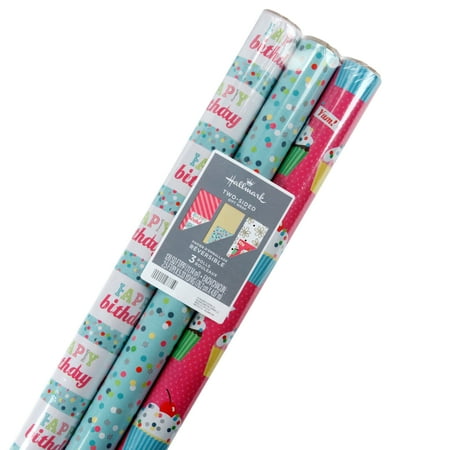 Assorted Gift Wrap - Hallmark Reversible Birthday Wrapping Paper, Flowers and Cupcakes (Pack of 3, 120 sq. ft. ttl.)