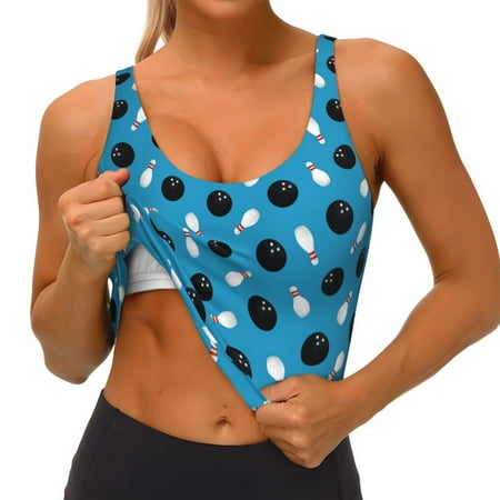Qokaie Bowling Balls Pattern Womens Scoop Neck Sports Bra Breathable Workout Vest Padded U Back Medium Impact Fitness Gym Yoga Bra Workout Crop Top