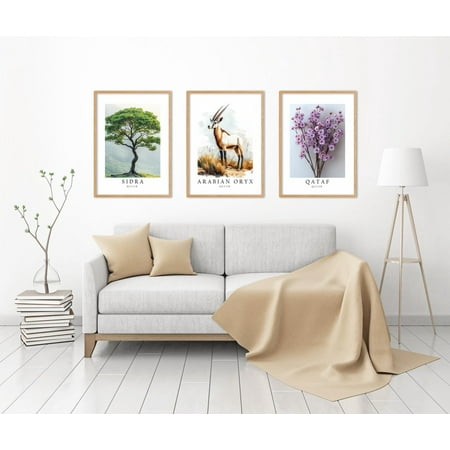 UNFFRAMED Luvia Set of 3 Qatar National Symbols Poster Prints, Arabian Oryx, Qataf Flower, and Sidra Tree Wall Art Decor Set 3 Prints 8x12