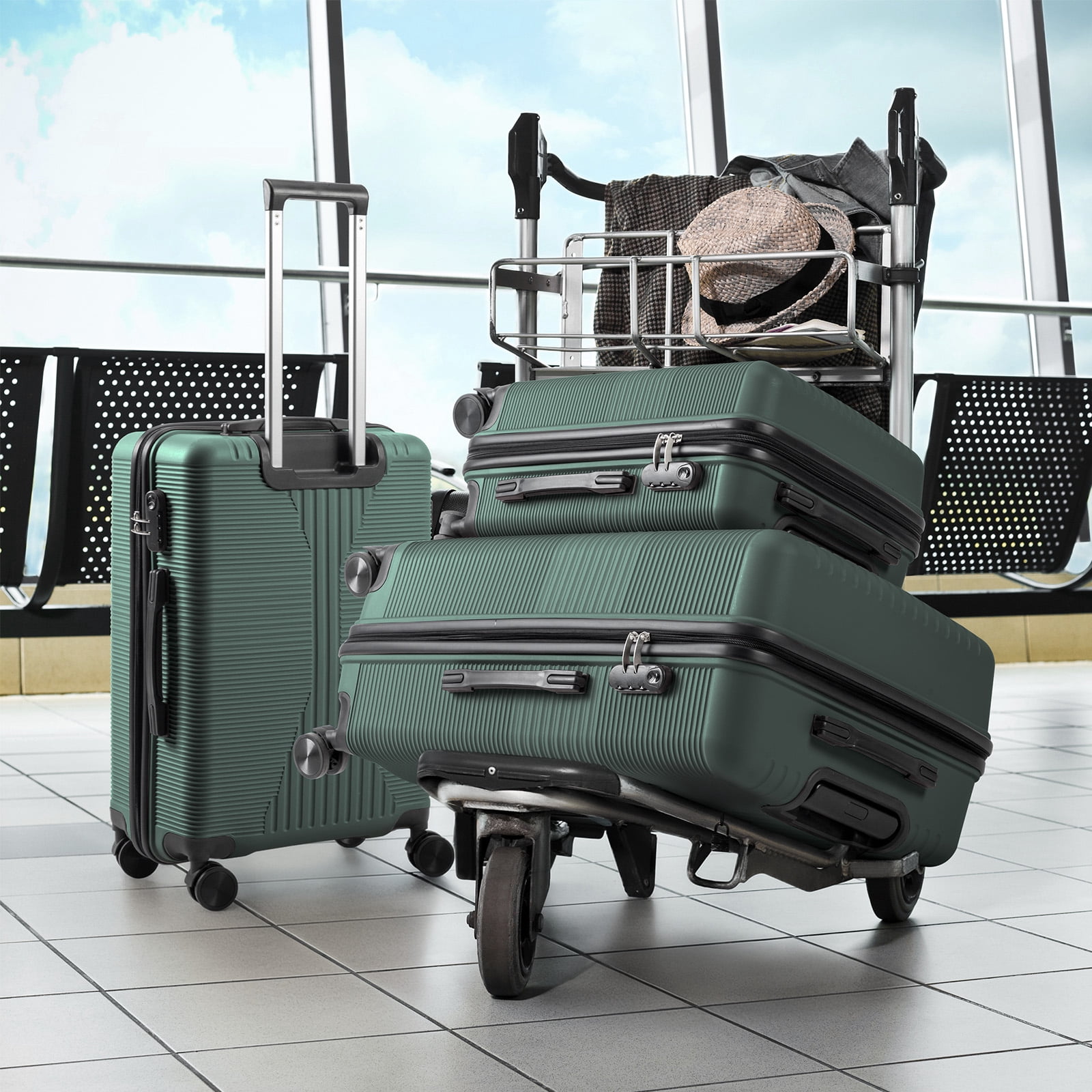 PP Trolley Case, 20in 24in 28in 3PCS Suitcase Set, Dark Green
