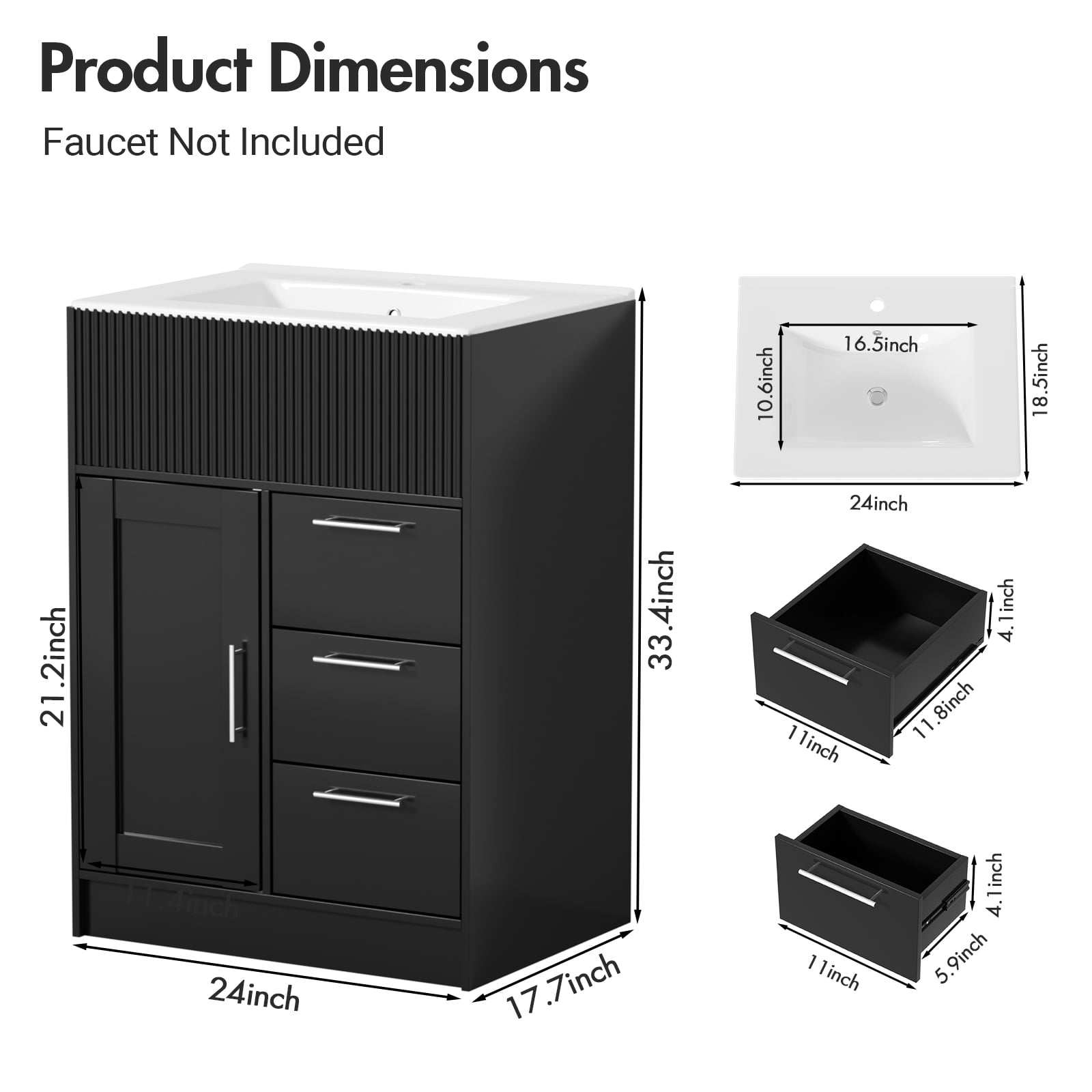 Advwin 24" Freestanding Bathroom Vanity with Ceramic Sink, Modern Bathroom Storage Cabinet with 3 Drawers, Black