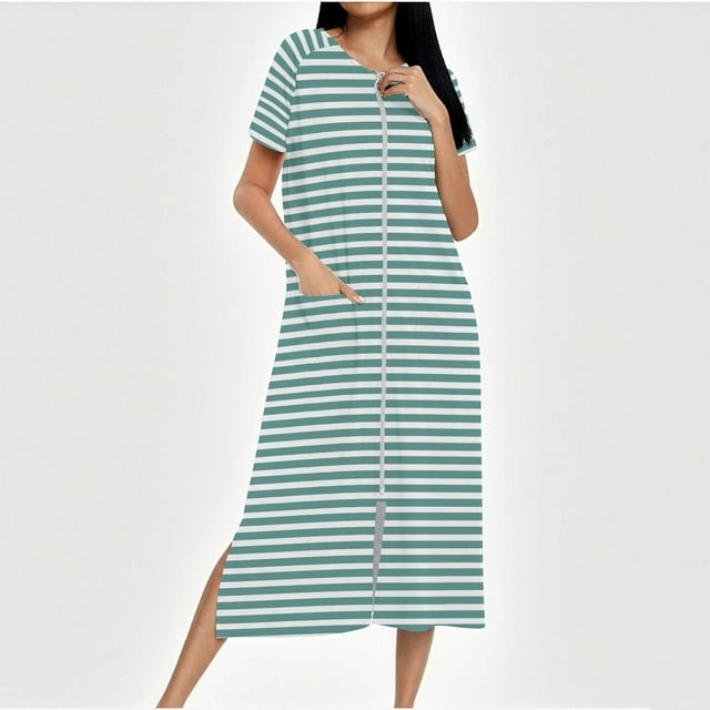 Camisón largo con cremallera para mujer, bata de punto, largo completo, color degradado, con bolsillos