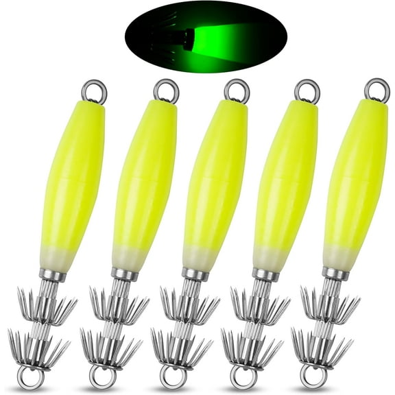ABCISI Squid Jigs, Saltwater Fishing Lures, Glow Squid Jig Hooks Luminous Cuttlefish Sleeve Octopus Jig Baits, Night Fishing Octopus Lures Set with Tackle Box (Yellow-5pcs)