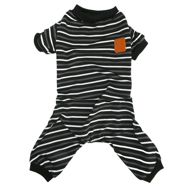 Pijamas para perros cálidos de 4 patas con cuello alto, mono suave y elástico a rayas para cachorros, ropa de dormir para el hogar M