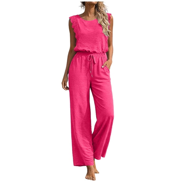 Combinaison pour Femmes, Sans Manches à Jambe Grand, avec Col Rond et Ceinture à la Taille, une Pièce de Couleur Unie