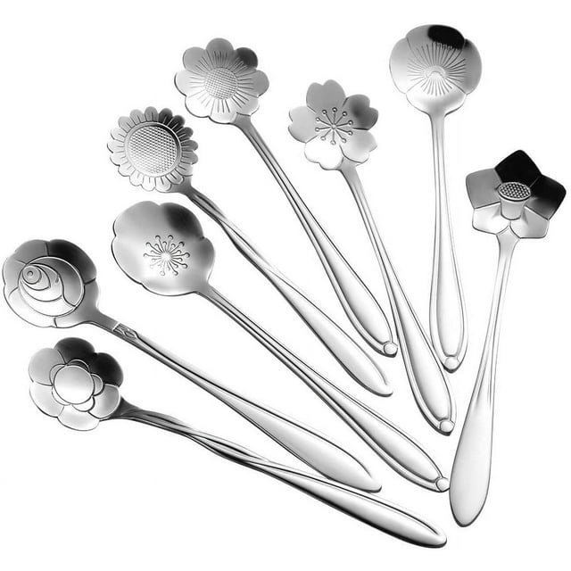 ORUYROP 8 Pcs Flower Spoon Set, Stainless Steel Reusable Tea Scoops Stirring Spoon Coffee Spoon Mixing Spoon Sugar Dessert Cake Spoon Ice Cream Spoons Tableware for Tea Parties (length:4.9 inc
