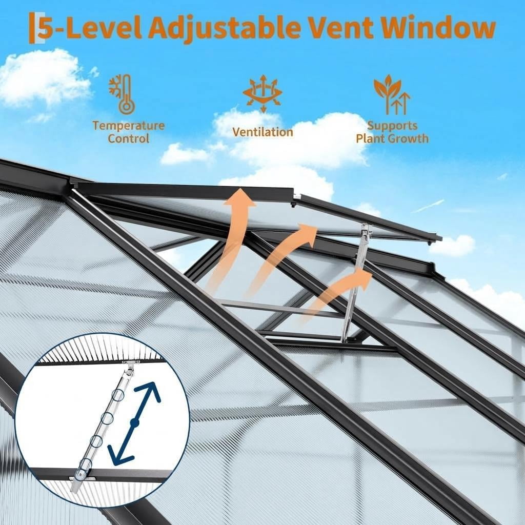 Large Walk-In Polycarbonate Greenhouse, Aluminum Frame, Roof Vent, Wind Resistant, Quick Setup for Backyard