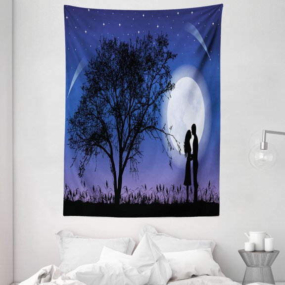 Night Tapestry, Romantic Composition with Full Moon Sky Tree Man and Woman In Love Hugging, Wall Hanging for Bedroom Living Room Dorm Decor, 60W X 80L Inches, Black Blue White, by Ambesonne