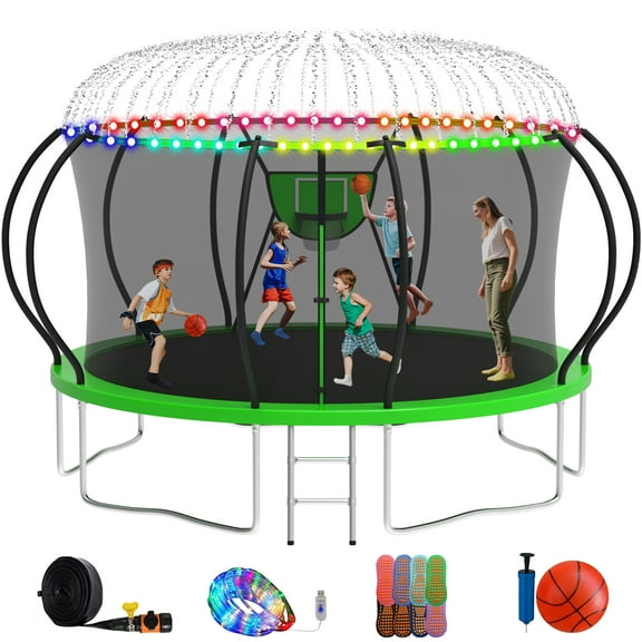 XMIKA Trampoline 1400LBS, 14FT 12FT 10FT 8FT 16FT Trampolines with Basketball Hoop, Enclosure, Ladder, LED, Sprinkler, Socks, Curved Poles Recreational Trampoline, Outdoor Trampoline for Kids/Adults