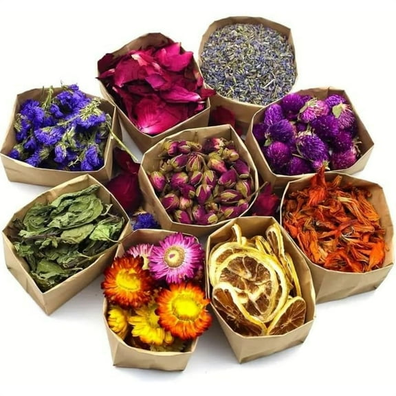 HXRH 9 Bags Dried Flowers for Candle Making,DIY Soap Making Natural Flowers Herbs Set,Lemon,Lily,Don't Forget Me,Lavender,Mint Leaf,Rose Petal, Red Rose,Globe Amaranth,Chrysanthemum