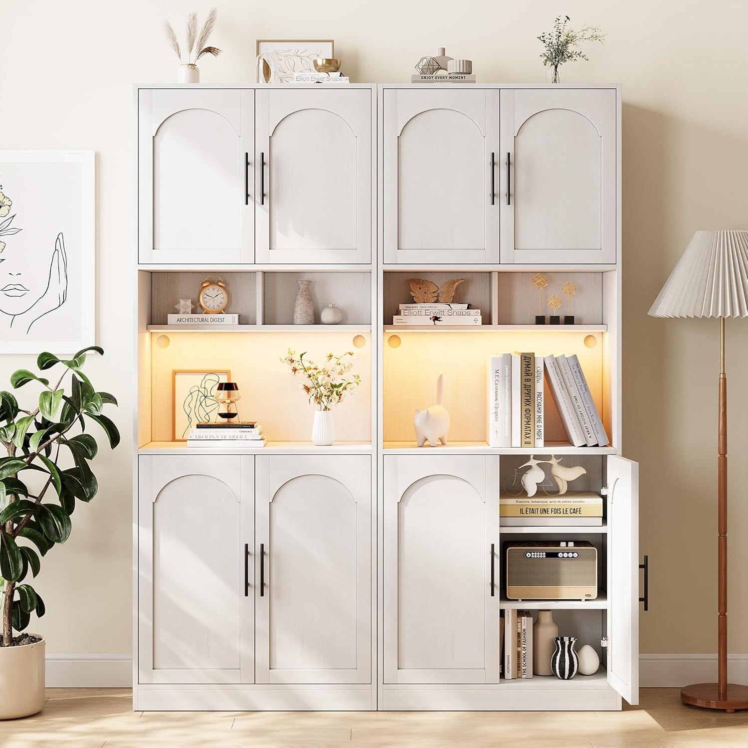 Garvee 71" Tall Kitchen Pantry Storage Cabinet with RGB Lights, Freestanding Pantry Cabinet with Microwave Shelf, Minimalist Hutch for Dining Room, Bathroom, Living Room, White