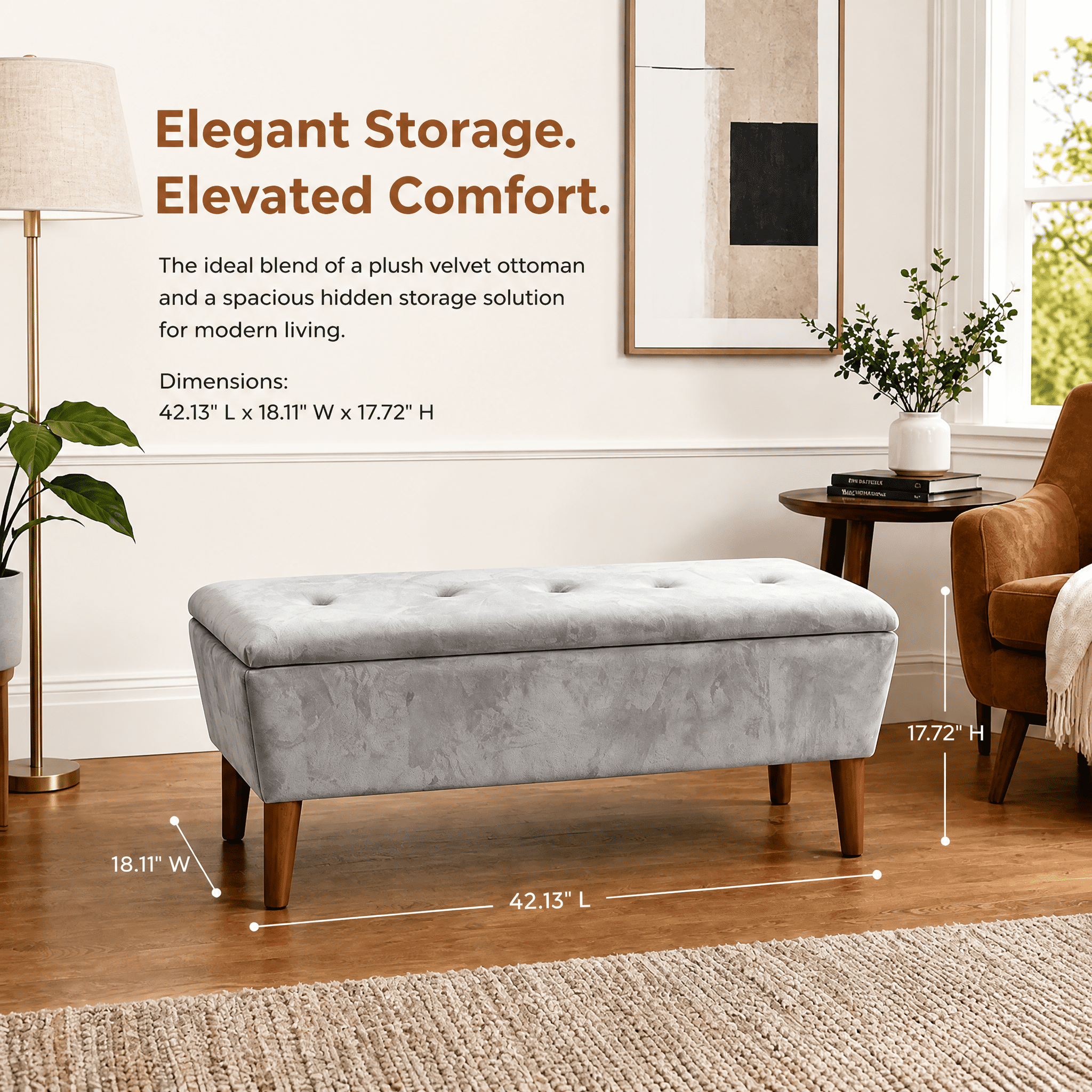 42" Rectangular Linen Upholstered Ottoman Bench, Solid Wood Tapered Legs Multi-Use Entryway Shoe Bench End of Bed Footrest Stool for Living Room Bedroom Small Spaces