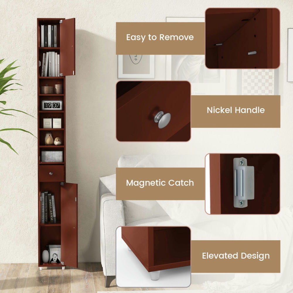 Finihen Bathroom Storage Cabinet, Bathroom Floor Cabinet, Freestanding Slim Bathroom Cabinet with Drawer and Adjustable Shelves, for Bathroom, Living Room, Bedroom, Kitchen, Brown Finihen Bathroom Storage Cabinet, Bathroom Floor Cabinet, Freestanding Slim Bathroom Cabinet with Drawer and Adjustable Shelves, for Bathroom, Living Room, Bedroom, Kitchen, Brown