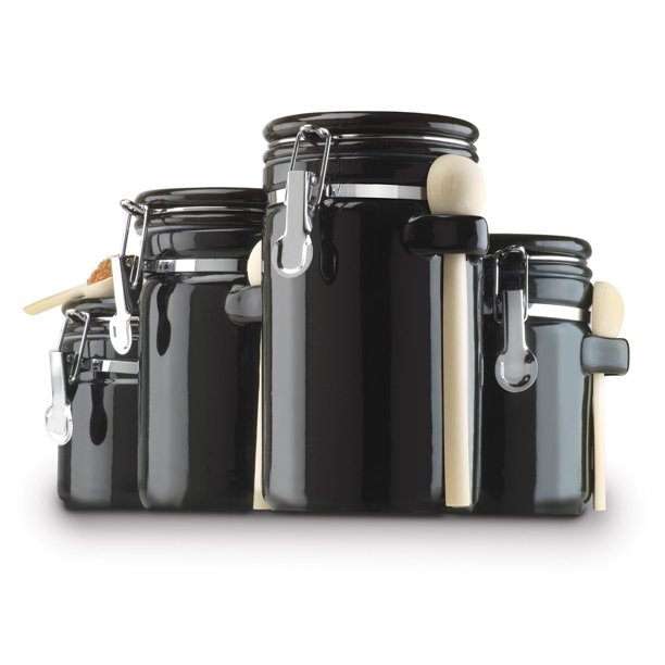 4 Piece Round Ceramic Canister Set With Flip Lock Air Seal Lids & Wood