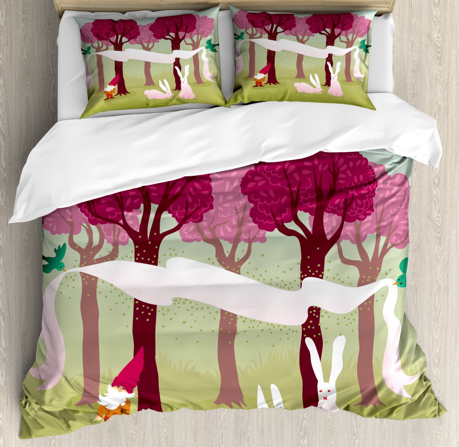 Gnome Duvet Cover Set, Forest with Pink Trees Flying Love Birds Easter