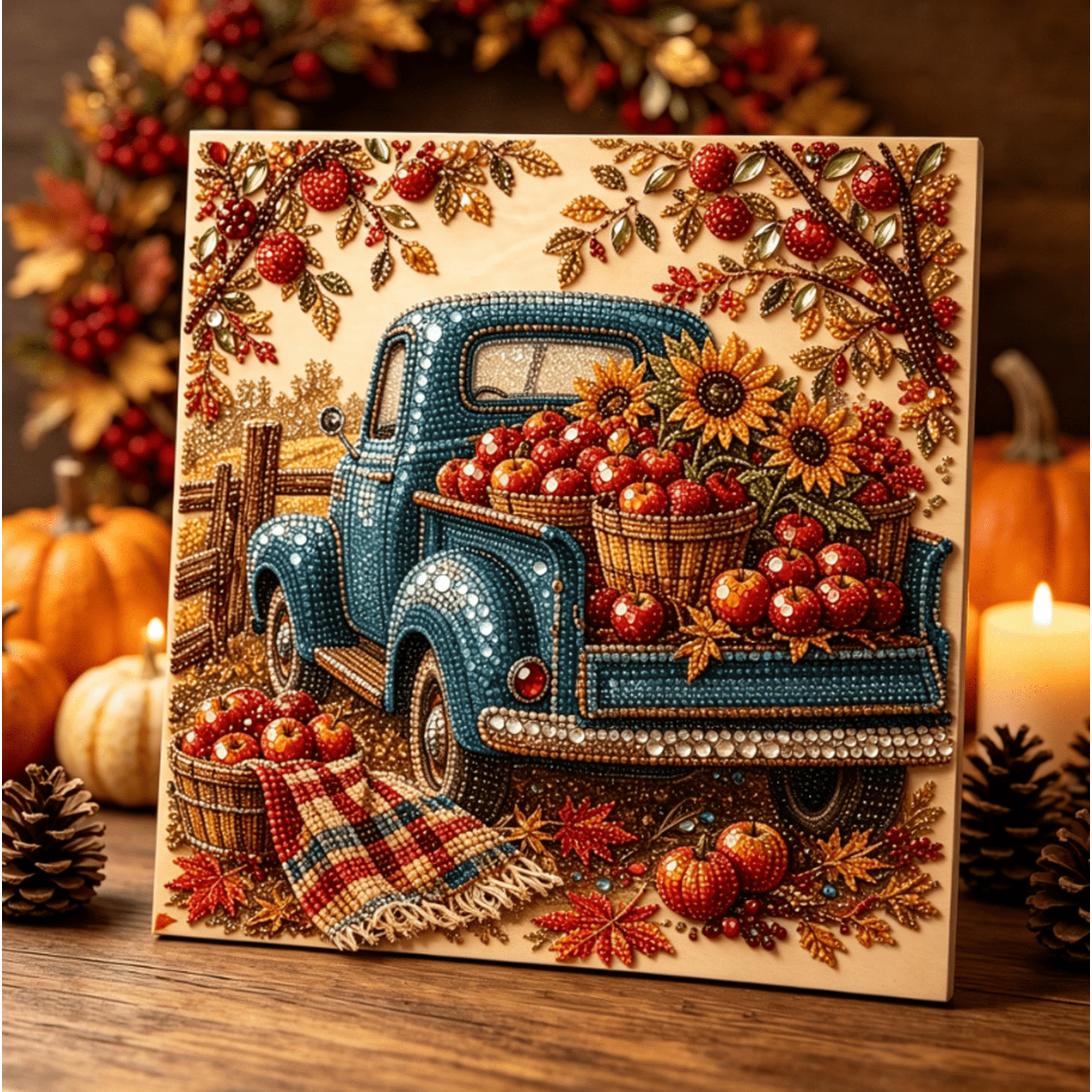 Autumn & Thanksgiving DIY Diamond Painting Kit Fall Harvest Pattern Rhinestone Art Kit Suitable for New Crafters and Experienced Hobbyists (Apple Truck)