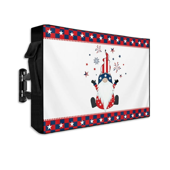 Independence Day Gnomes Star Shining Outdoor TV Cover 70 to 75 Inch Waterproof, Blue Red Buffalo Checker 600D Oxford TV Covers with Zipper, Outside Flat TV Screen Protector 68"Wx42"Hx4.5"D