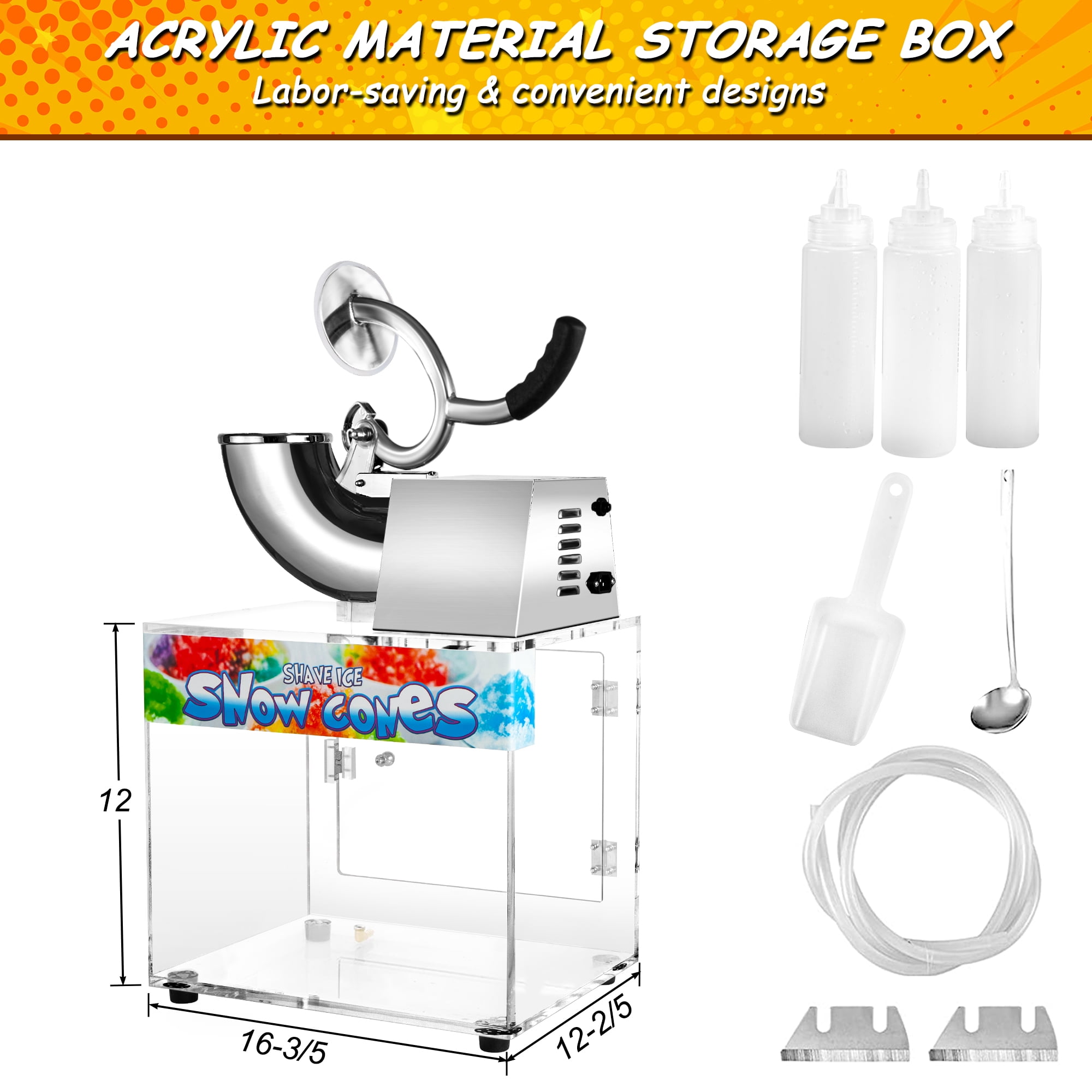 110V Commercial Ice Crusher 500LBS/H, 300W Electric Snow Cone Machine, 1450RPM Stainless Steel Shaved Ice Maker with 48L Ice Storage Capacity for Home, Restaurants, and Bars