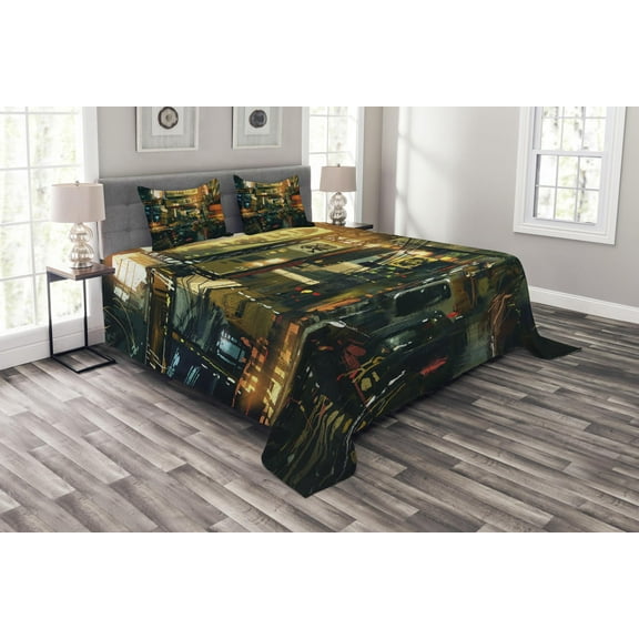 Ambesonne Landscape Quilted Bedspread Set 3 Pcs, Metropolitan Colorful, Queen Size, Multicolor