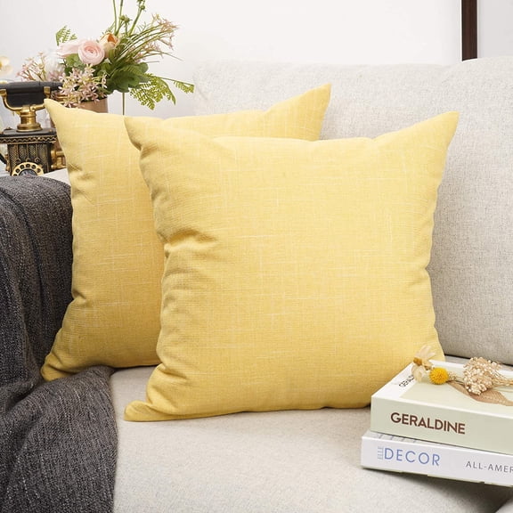 Solid Color Decorative Cotton Linen Throw Pillow Case Cushion Cover Pillowcase for Couch Sofa Bed,18 x 18 Inches (Yellow,Set of 2) Yellow