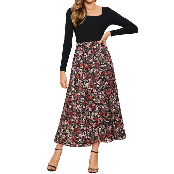 DARING DIVA Maxi Swing Long Sleeve Square Neck Floral Cocktail Dress S Black Red