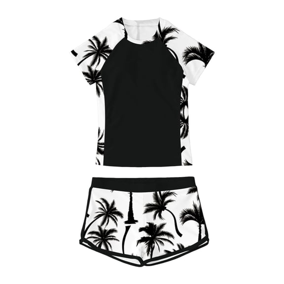 Gunia Kids Swimsuits for Girls Two Piece Set Summer Beach Pool Outfit Floral Print Round Neck Bikini Top With Shorts Girls Swimwear Poolside Black 7-8 Years