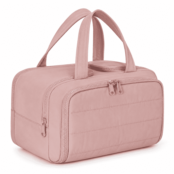 PLERISE Travel Toiletry Bag, Large, Lightweight, Wide-Open Puffy Cosmetic Organizer, Dark Pink, with Handle for Accessories Essentials Toiletries