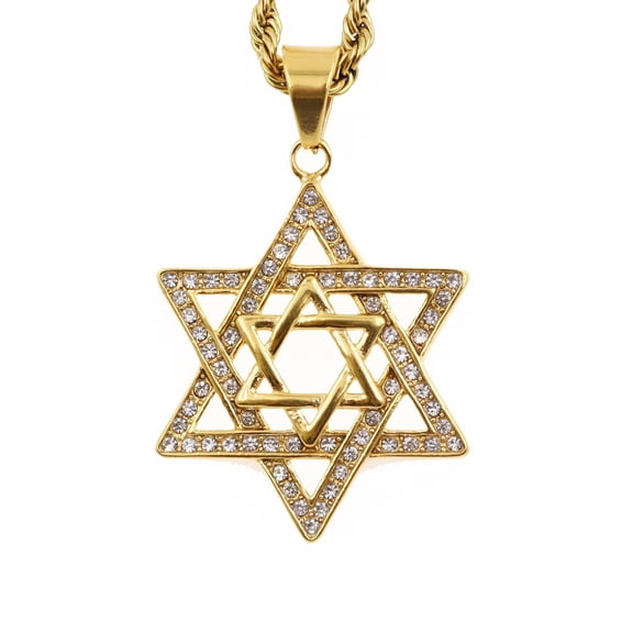 Hip Hop Star Of David Shield Hexagram Pendant Necklace for Men Fashion 14K Yellow Gold Chain Star Shape Jewelry Gift