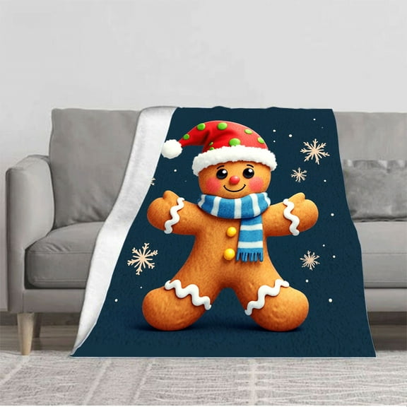Cozy Flannel Blanket with Festive Gingerbread Man Design - Soft Warm Perfect for Sofa Travel Bed and Chair - Holiday Cheer
