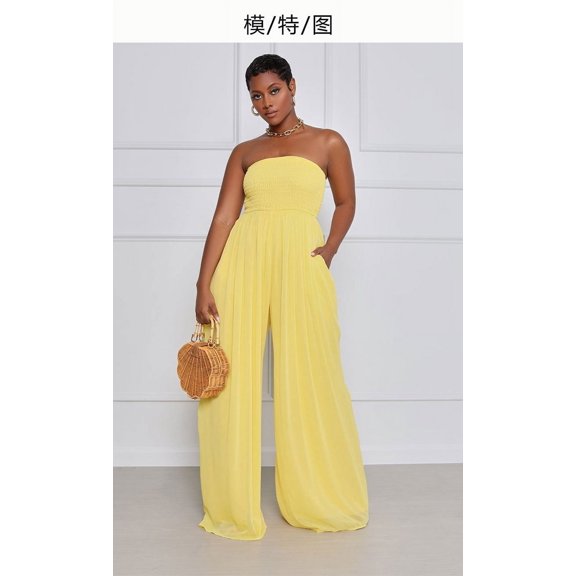 Loliuicca Women Summer Chiffon Jumpsuit Tube Top Mopping Solid Color Strapless Wide Leg Pants One Piece Rompers