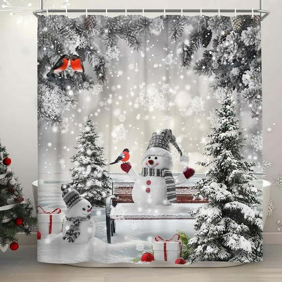 Christmas Snowman Shower Curtain for Bathroom Decor, Snowny Winter Grey Gray Christmas Birds Xmas Holiday Bathroom Curtain, Fabric Shower Curtain Sets with Hooks 70x70inches