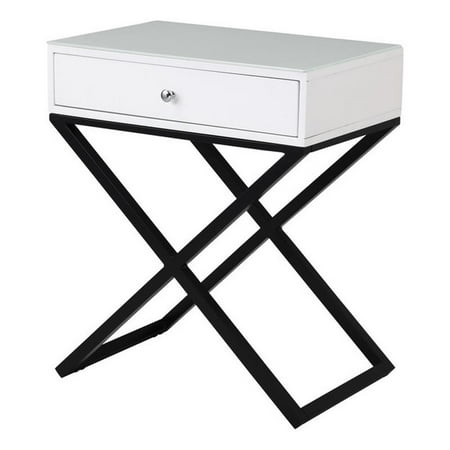 Pemberly Row White Wood End Side Table Nightstand w/ Glass Top Drawer