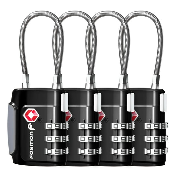 Fosmon TSA Approved Cable Luggage Locks, (4 Pack) Re-settable Easy to Read 3 Digit Combination with Alloy Body and Release Button for Travel Bag, Suit Case & Luggage - Black