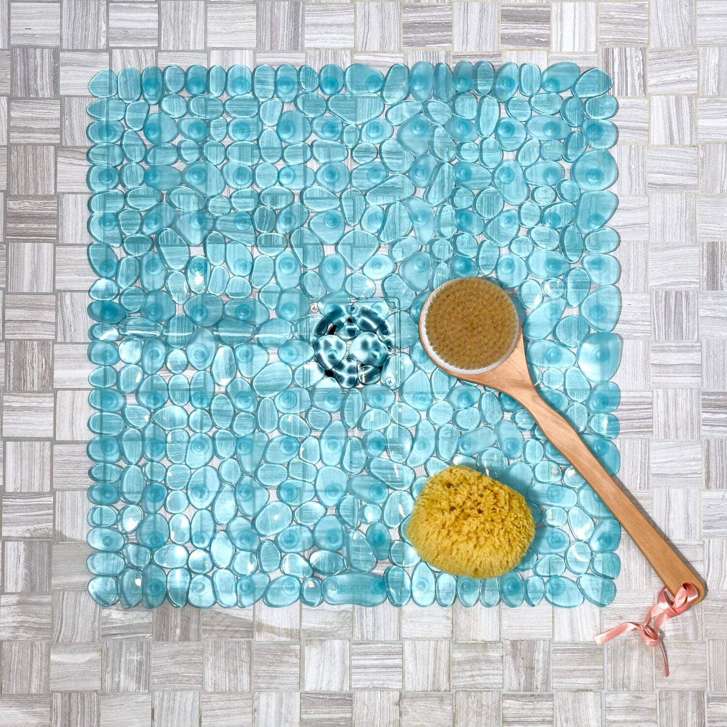 iDesign Blue Pebblz Square Shower Mat, 22" x 22"