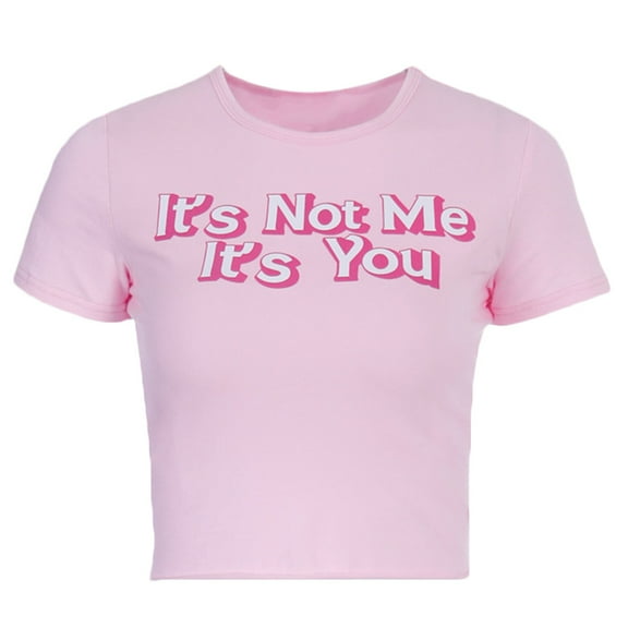 JUNTEX Women Short Sleeve Slim T-Shirt Its Not Me Its You Letters Pink Kawaii Crop Top