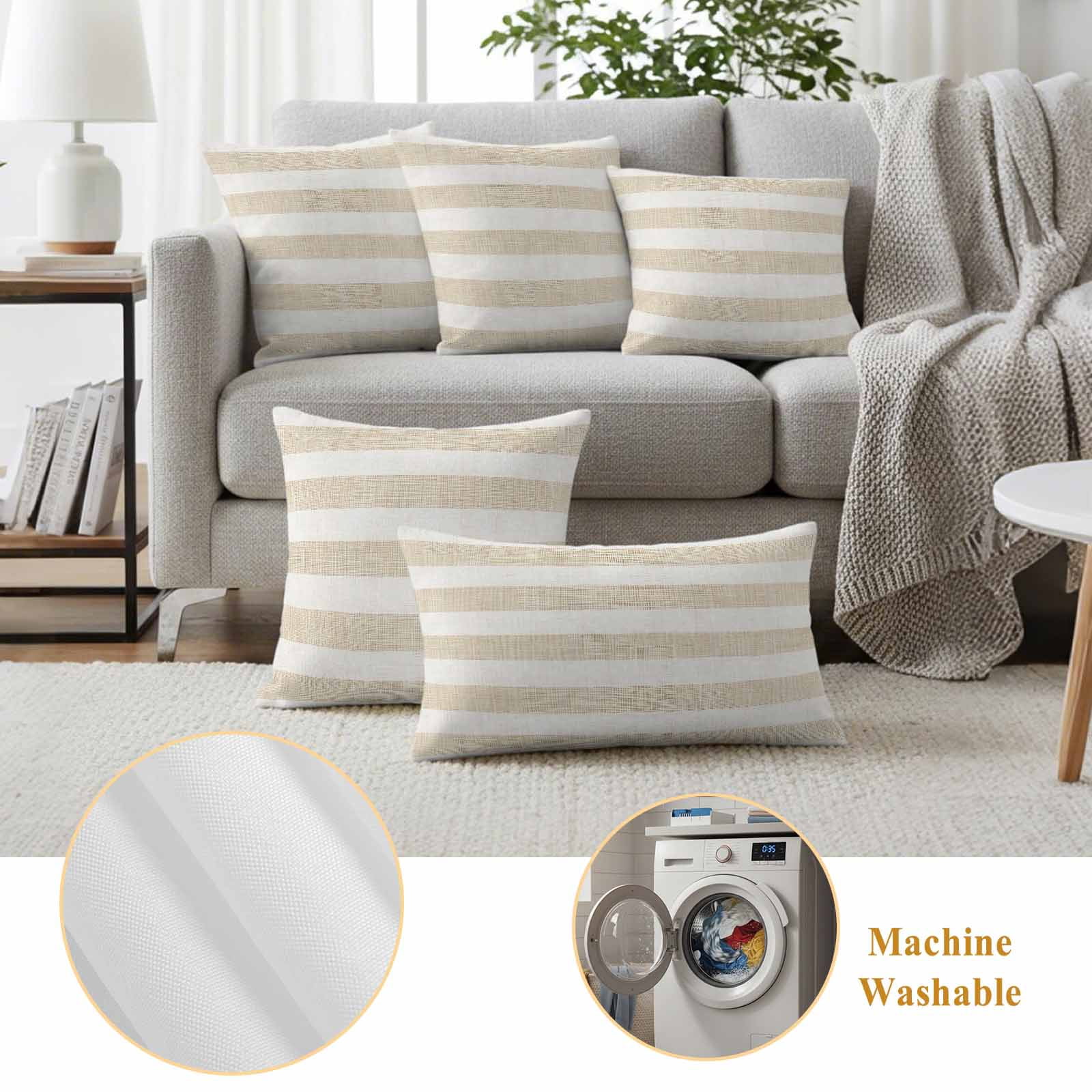 Vintage Linen Outdoor Pillow Covers 26"x26" Set of 2, Striped Beige Theme Farmhouse Waterproof Throw Pillow Covers for Patio Furniture, Decorative Cushion Covers for Porch