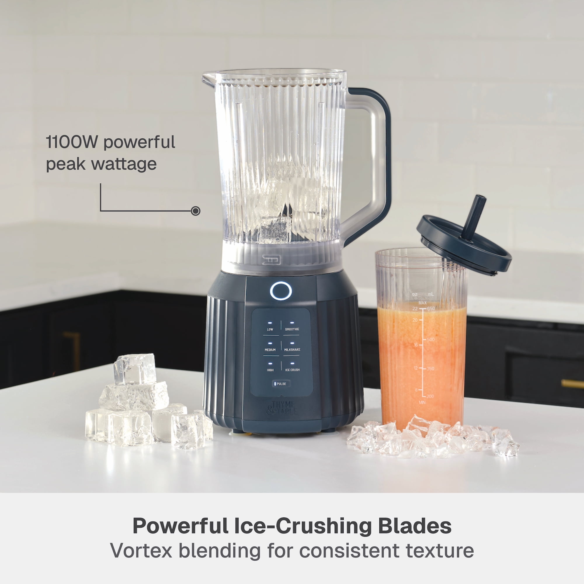 Thyme & Table Countertop Blender Duo, 1100W, 57oz Tritan Pitcher, 6-Point Stainless Steel Blade, 25oz To-Go Cup with Smart Seal™ Lid and Straw, Atlantic Blue