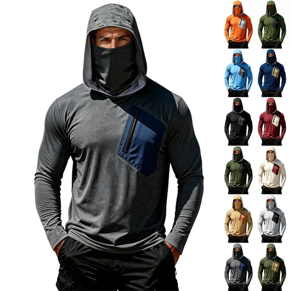 Nestiefly Fishing Shirts For Men Long Sleeve Sun Hoodies With Face Mask Uv Protection Cooling Hooded Rash Guard Shirt Black S