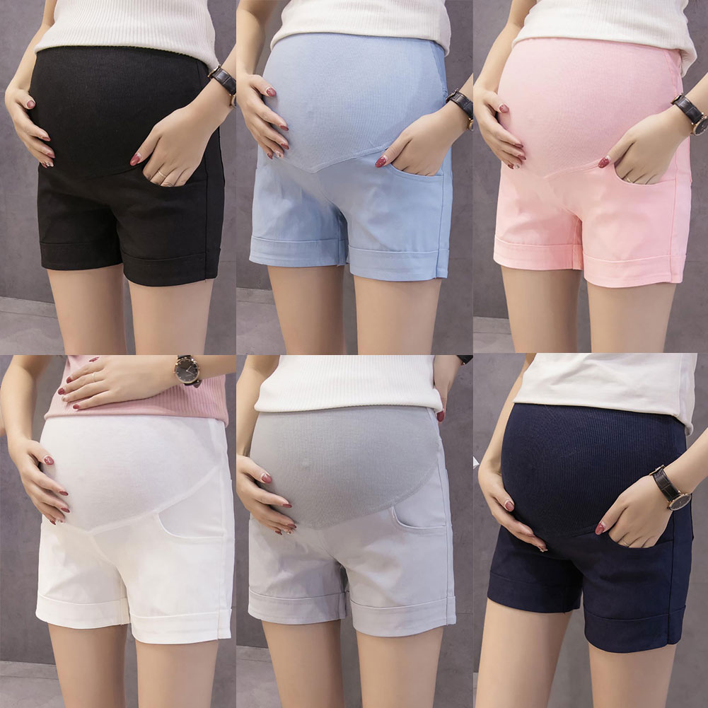 Summer Solid Color Pregnant Women Maternity Shorts Stretchy Abdominal ...